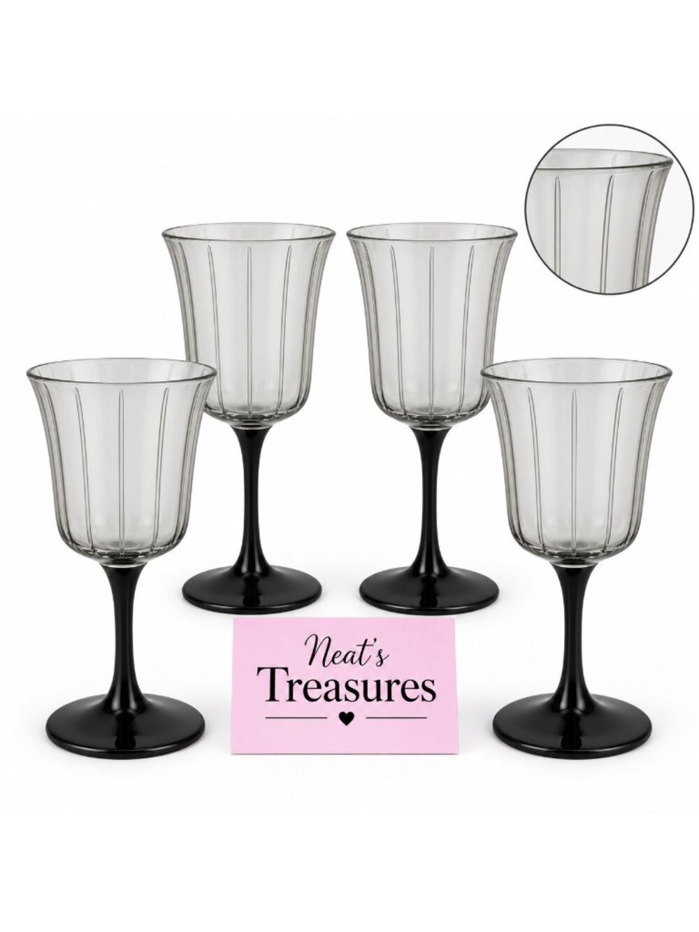 Arcoroc Luminarc OCTIME Clear Black Stem 10oz Wine Water Goblet Glasses Set of 4